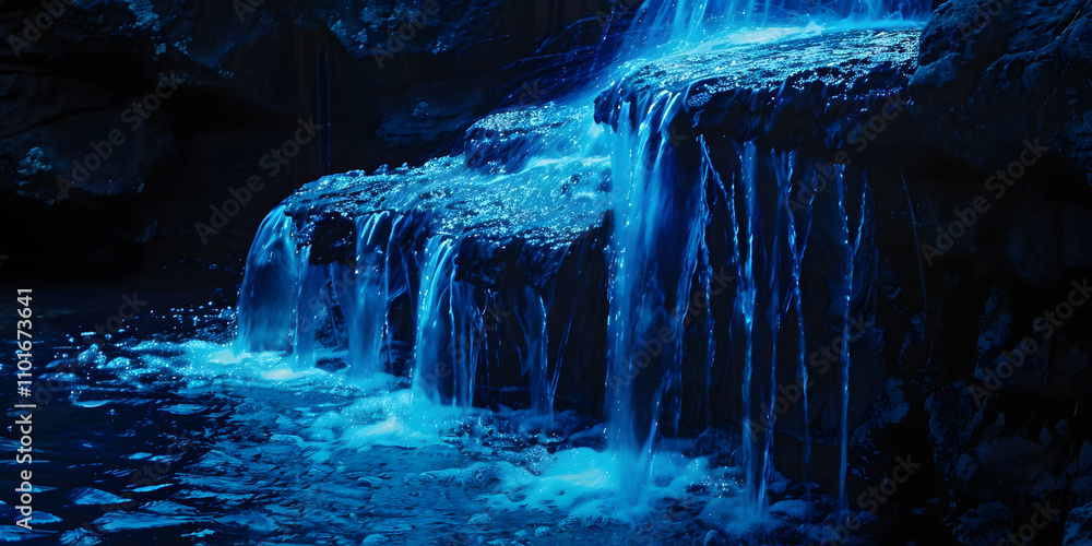 Poster a serene waterfall illuminated in blue, creating a tranquil and mystical atmosphere.