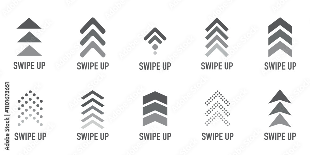 Poster collection of swipe up icons with gray arrows in various styles on a white background.