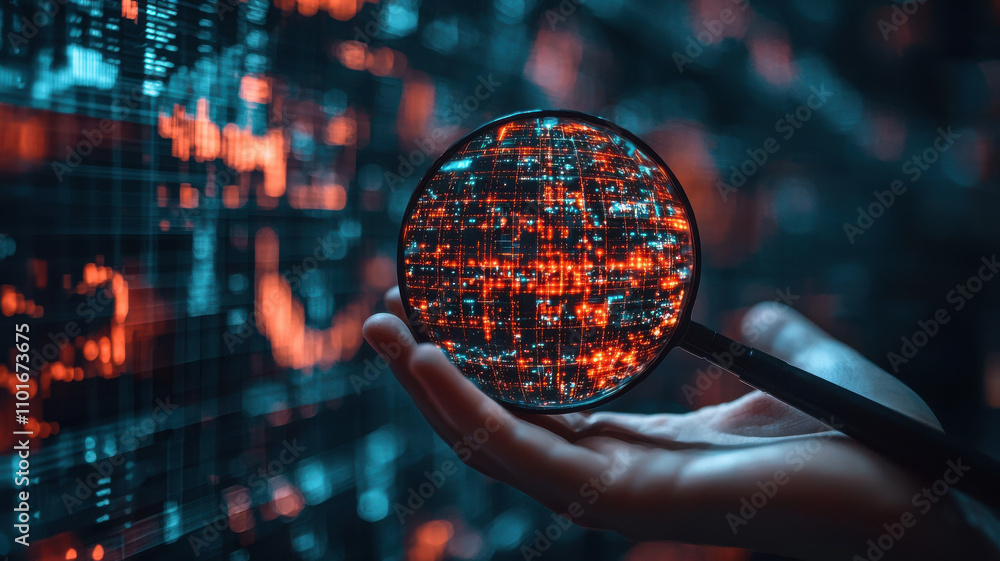 Poster hand holds magnifying glass over digital data visualization, highlighting glowing red and blue data 