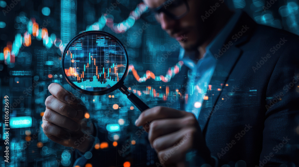 Poster businessman in suit examines financial data through magnifying glass, surrounded by digital graphs a