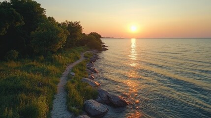Serene Sunset Reflections Over Gentle Waves Along a Quiet Shoreline Surrounded by Lush Greenery and Rocky Outcrops