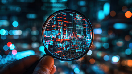 magnifying glass focuses on digital stock market graph, highlighting data and analytics against blurred cityscape background, symbolizing financial analysis and technology