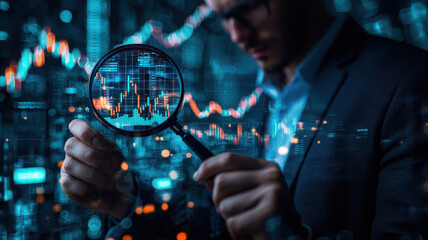 businessman in suit examines financial data through magnifying glass, surrounded by digital graphs and charts, symbolizing analysis and focus in high tech environment