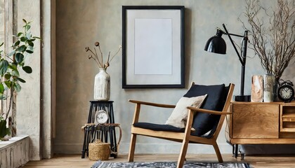 Stylish Scandinavian Composition of Living Room with Design Armchair, Black Mock-Up Poster, Minimalistic Decor, Wooden Elements, Indoor Plant, Cozy Ambiance, and Modern Aesthetics