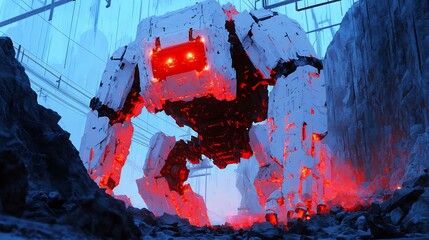 Fototapeta premium Underground Epic Monster, Colossal Crystalline Behemoth Stalking Through Abandoned Mine Caverns