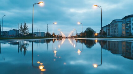 Flooded city street reflecting street lights at dusk