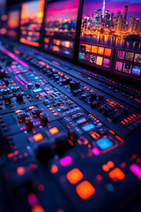 Professional video editing suite with multiple screens showing video editing tools and city lights.