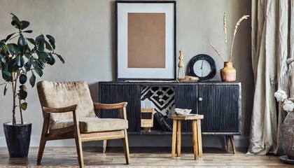 Elegant Scandinavian living room composition featuring a stylish armchair, a modern black mock-up poster, and minimalistic decor elements, showcasing clean lines and functional design.
