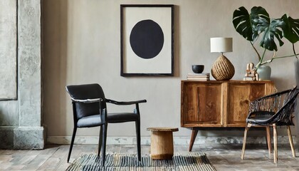 Elegant Scandinavian Living Room Interior Design with a Modern Armchair, Minimalist Black Mock-Up Poster, Wooden Furniture, and Cozy Decor Elements for a Stylish Contemporary Space