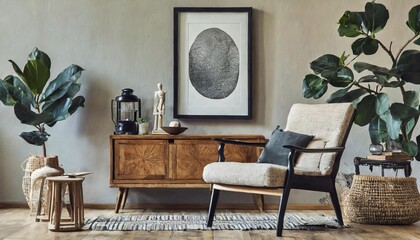 Elegant Scandinavian-inspired living room interior with a modern armchair, black mock-up poster frame, neutral wall tones, wooden accents, and stylish decor elements for a cozy,