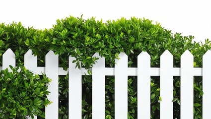 Lush green hedge with white picket fence tranquil garden nature scene bright daylight serene atmosphere