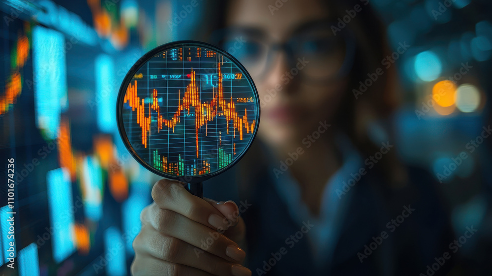 Poster business analyst examines stock graph through magnifying glass, focusing on financial data and marke