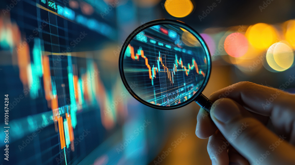 Poster financial analyst examines stock market data through magnifying glass, focusing on fluctuating graph