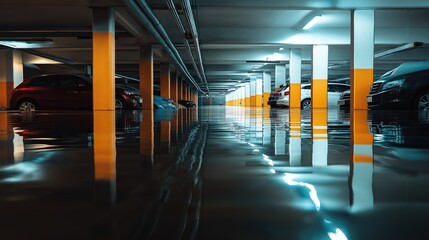 Fototapeta premium Flooded underground parking garage reflecting cars and pillars