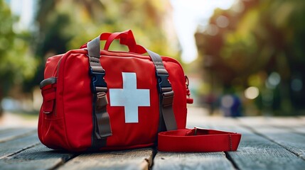 First aid kit is displayed on a wooden table in a park, showcasing essential items for fractures