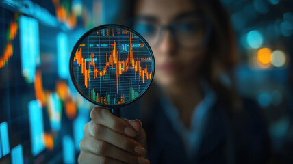 business analyst examines stock graph through magnifying glass, focusing on financial data and market trends. image conveys analysis and precision in corporate setting