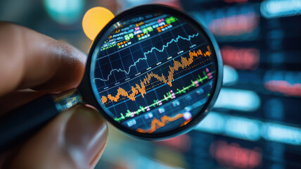 person examines financial data on screen using magnifying glass, focusing on stock market trends and investment analysis. image conveys sense of scrutiny and attention to detail