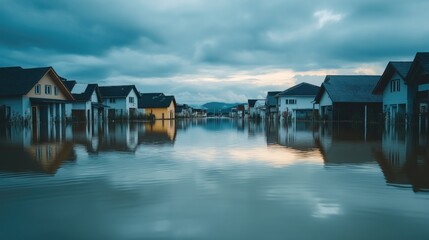 Flooded suburban houses reflecting in calm water under cloudy sky