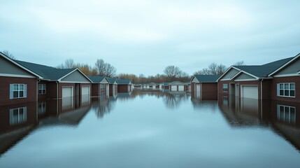 Obraz premium Flood covering suburban houses in residential area with garages submerged under water