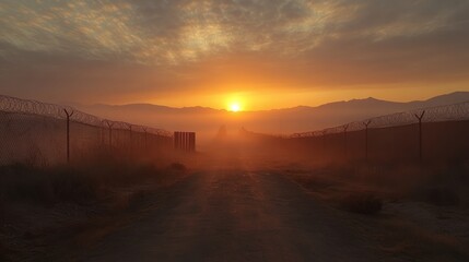 Fototapeta premium A serene sunset over a dusty road, framed by barbed wire and distant mountains.