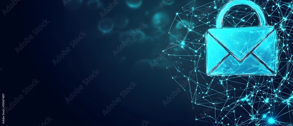 Poster digital illustration of a secure email concept with a lock and network connections.