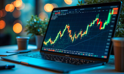 A laptop computer is open to a screen displaying a graph of stock prices