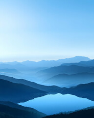 Fototapeta premium Serene mountain vista with a tranquil lake reflecting the hazy blue sky.
