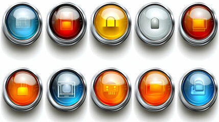 Set of glossy, round, web buttons with various icons.