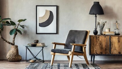 Minimalist Scandinavian living room interior featuring a modern design armchair, black mock-up poster, wooden accents, and neutral tones creating a stylish and cozy atmosphere.