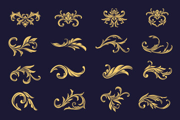  Set vector of Golden arabesque, flourish, damask ornaments. Fancy Victorian graphic element. Vintage Gold Baroque calligraphy decorative ornamental.