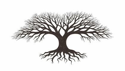 Silhouette of a large, symmetrical, bare tree with extensive roots against a white background.