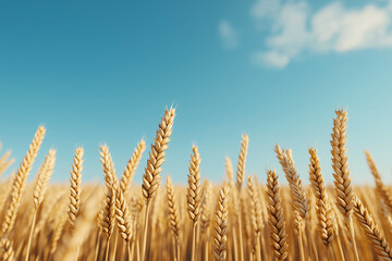 Fototapeta premium Responsible agriculture fosters organic growth. Golden wheat field swaying gently under clear blue sky