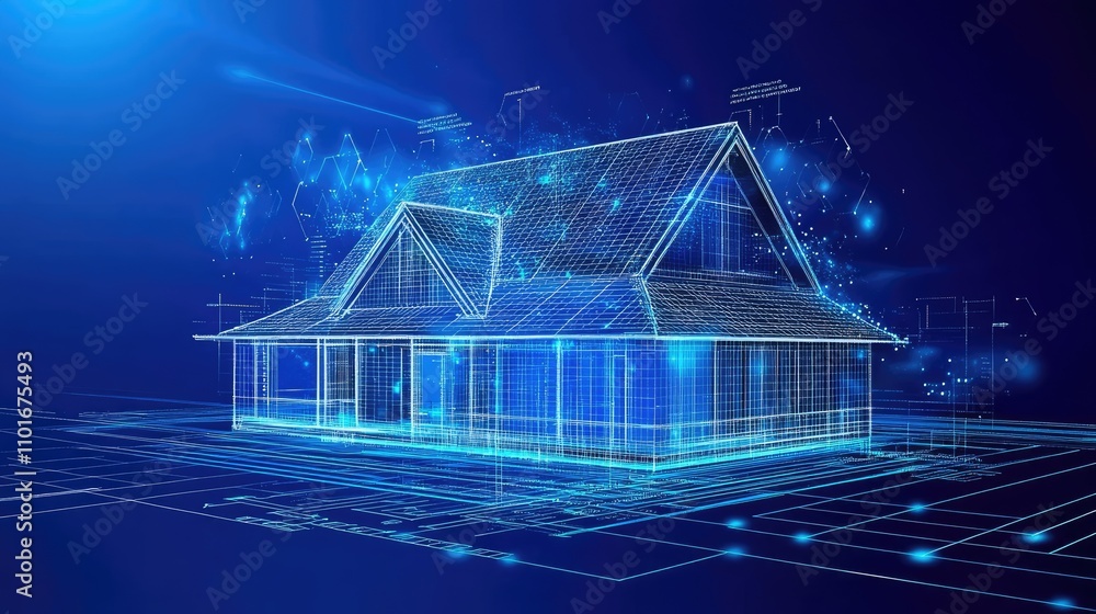 Poster intelligent home system optimizing energy usage, holographic controls displaying power metrics.