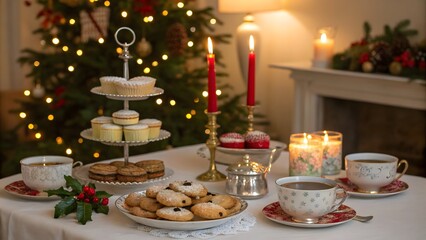 A Christmas-themed tea party with treats and candle festive holiday gathering cozy winter celebration Christmas decorations seasonal treats holiday cheer warm ambiance family traditions and New year