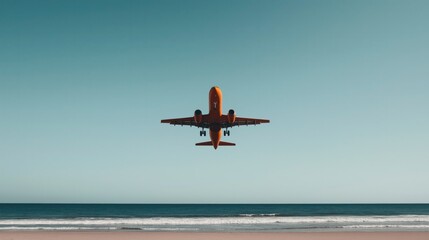 Orange airplane flying over a beach and ocean under a clear blue sky, viewed from directly below with minimalistic composition and open horizon.