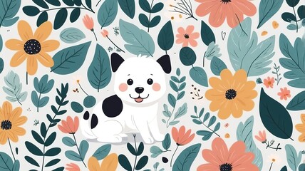 Minimalist background with a cute cartoon dog, hand-drawn flowers, and leaves, perfect for children's art.