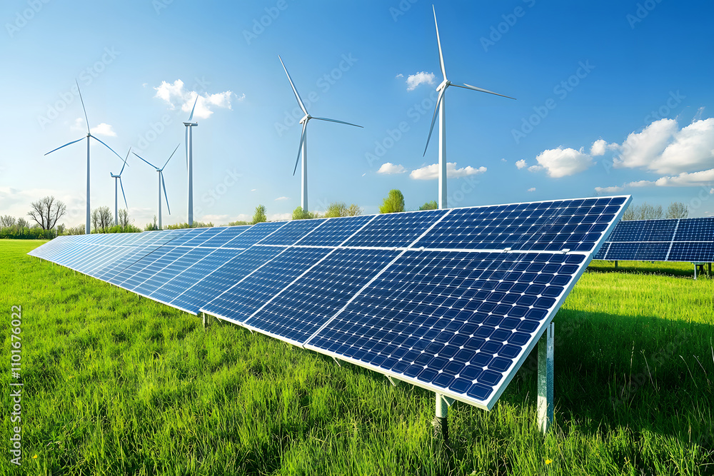 Poster a solar panel array with wind turbines in a green field under a blue sky.