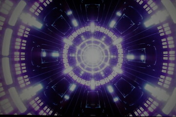 Purple neon light tunnel abstract background. Abstract technological time travel background
