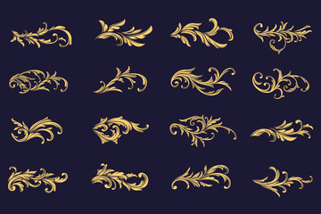 Set of vintage golden arabesque decorative elements. Vector baroque, filigree, flourish ornamental, swirl, gold element art deco. Illustration collection of Fancy victorian rococo ornaments for design