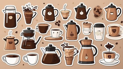 Coffee stickers featuring a barista, kettles, arabica coffee, and a cute coffee cup design.