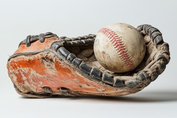 Worn Baseball Mitt and Ball on White Background