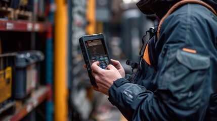 Worker uses a mobile data terminal for inventory in a busy warehouse