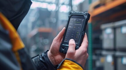 Worker operates a mobile data terminal in a warehouse, demonstrating its capabilities during tasks