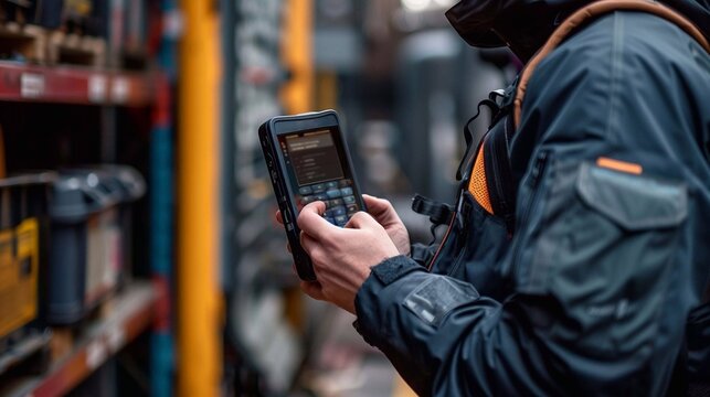 Worker uses a mobile data terminal for inventory in a busy warehouse