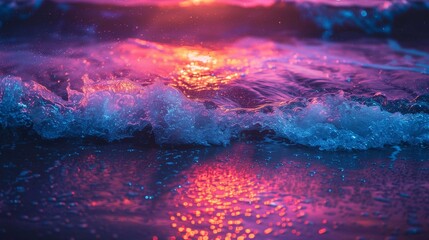 Neon colors dance on ocean waves, illuminating the shoreline during a calm twilight