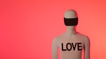 A faceless mannequin wearing a white t-shirt with 'LOVE' printed in bold black. showing love is blind itself