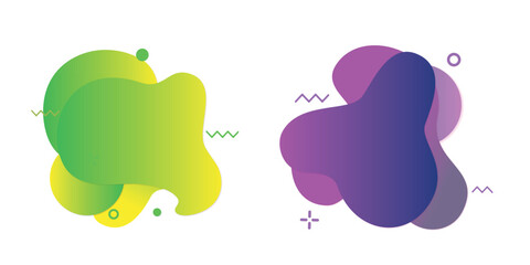 Abstract geometric blobs in blue and pink gradients with decorative elements on a white background.