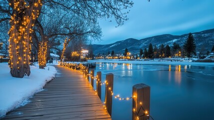 Serene Winter Evening Stroll by the Frozen Lake Intertwined with Twinkling Lights and Snow-Capped Trees under a Blue Sky