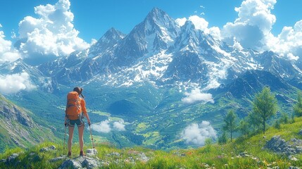 Naklejka premium Conquering the Peaks: A lone hiker stands on a rocky outcrop, gazing at a majestic mountain range under a vibrant blue sky. The image evokes a sense of adventure, freedom, and the beauty of nature. 
