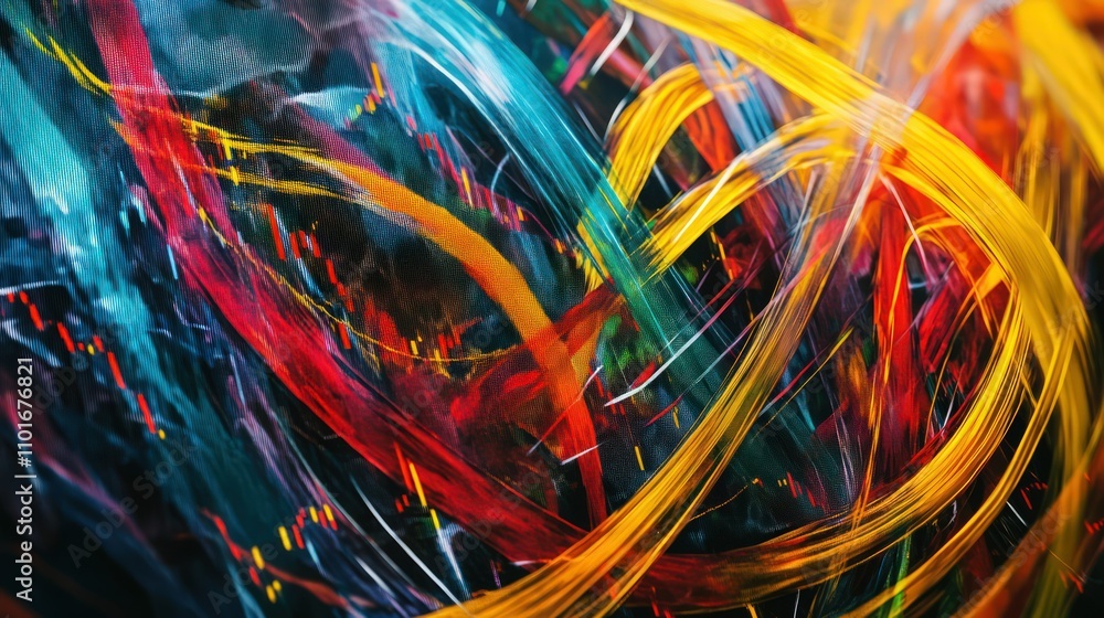 Poster an abstract art representation of the stock market, with colorful graph lines weaving through a canv